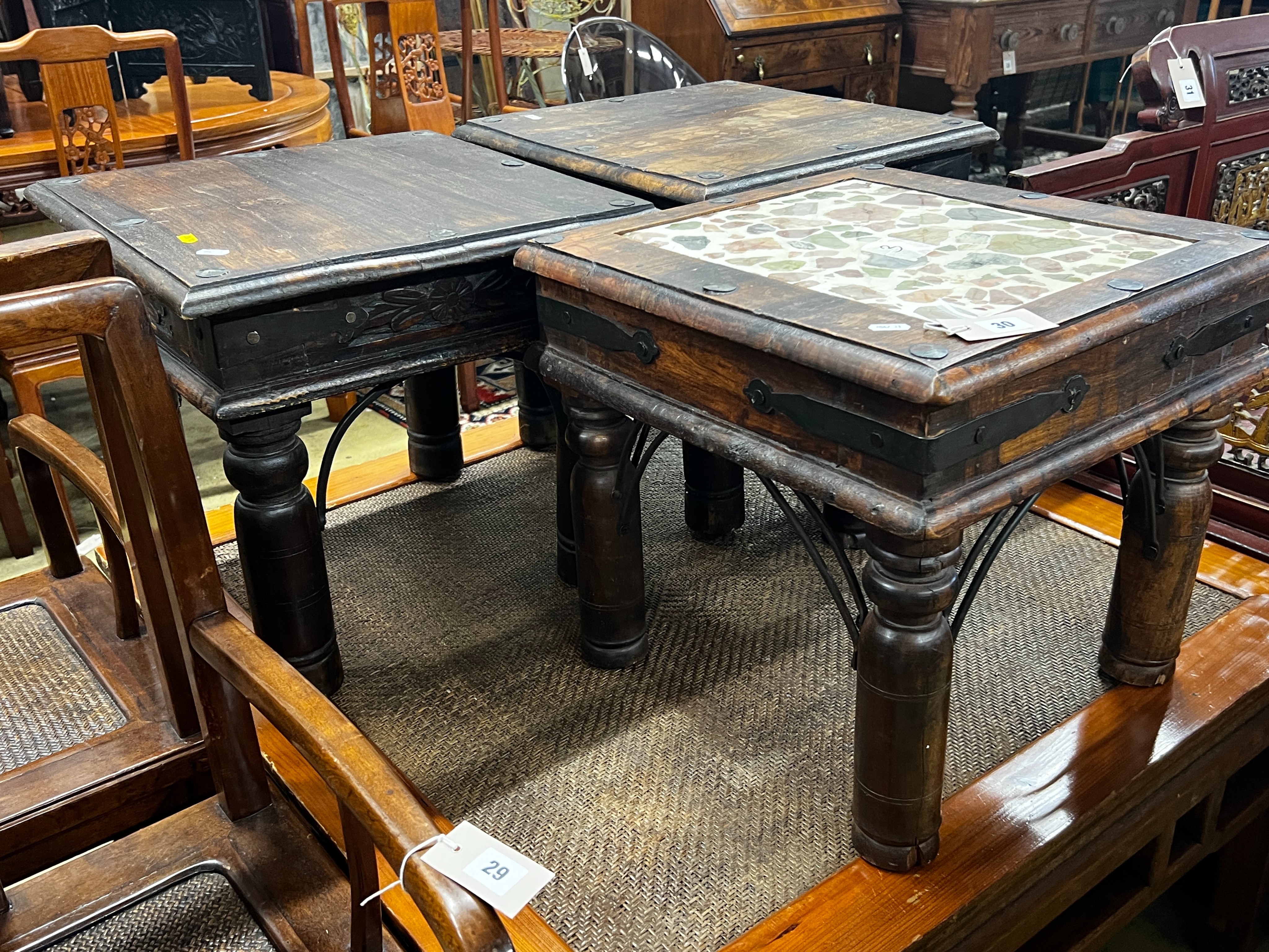 An Indian tile top hardwood table and two similar small tables, largest width 46cm, depth 45cm, height 41cm